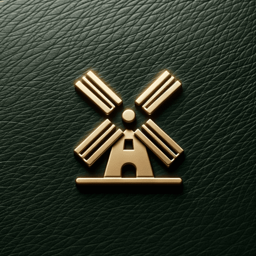 A golden windmill pin on a green leather background