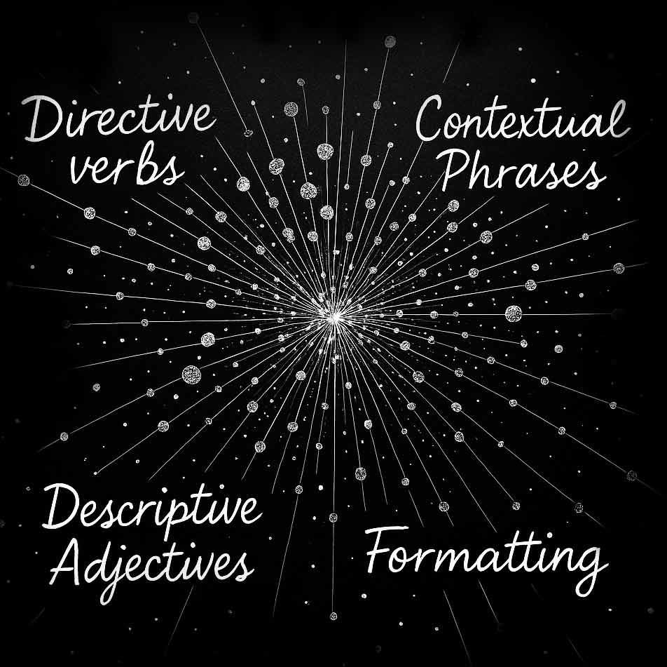 Words randomly circling around the center of a starburst. The words are: 'Directive verbs', 'Descriptive Adjectives', 'Contextual Phrases', 'Formatting'