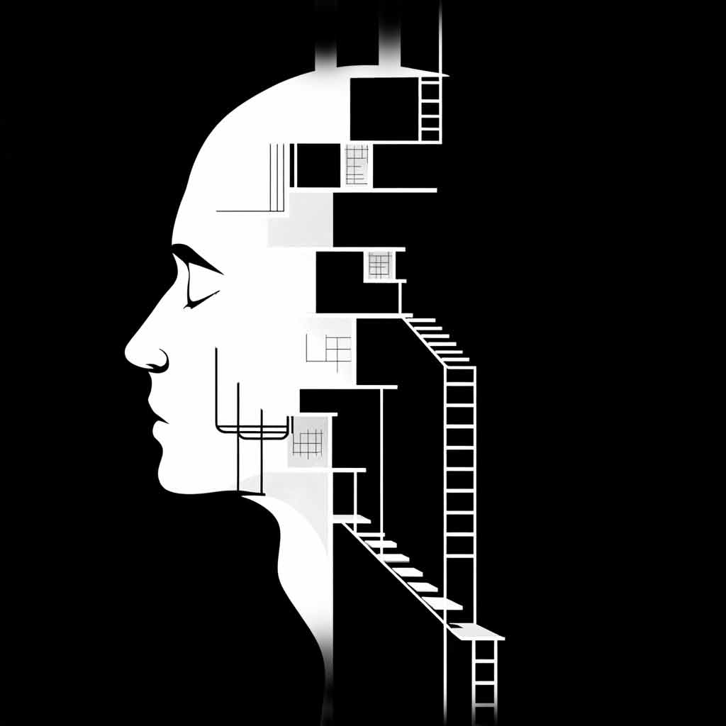 Illustration of a head with ladders and stairs inside